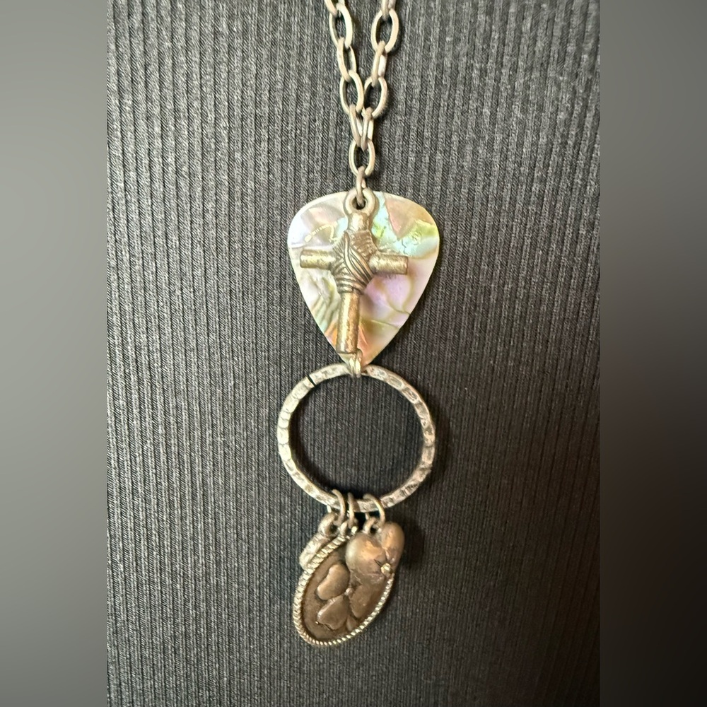 Silver and Abalone Fender Guitar Pick Pendant Necklace 🤍 Cross Heart and Clover